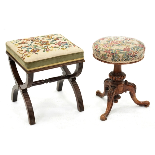 1234 - A Victorian carved walnut piano stool,  48cm h, and a mahogany X frame stool