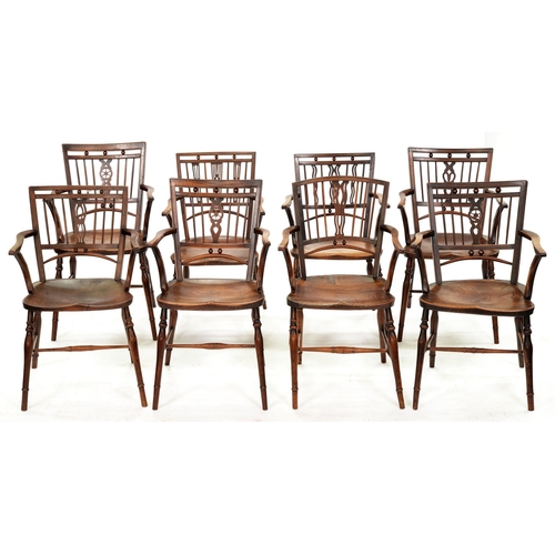 1246 - Eight Mendlesham Windsor armchairs, c.1800-1860, fruitwood with elm seat, sycamore stringing and scr... 
