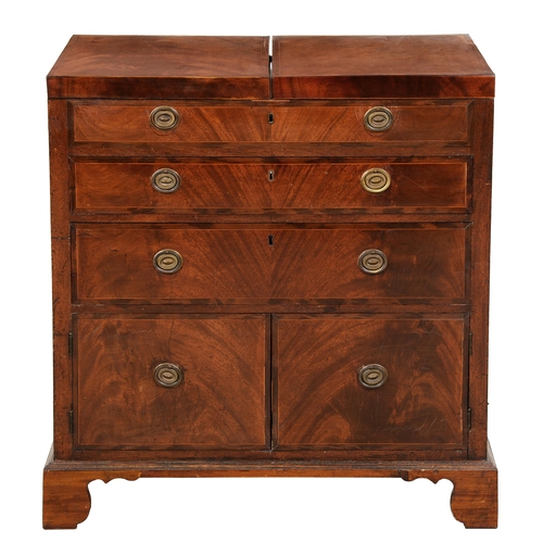 1247 - A George III mahogany enclosed washstand, the interior divided into compartments, and centred by a m... 
