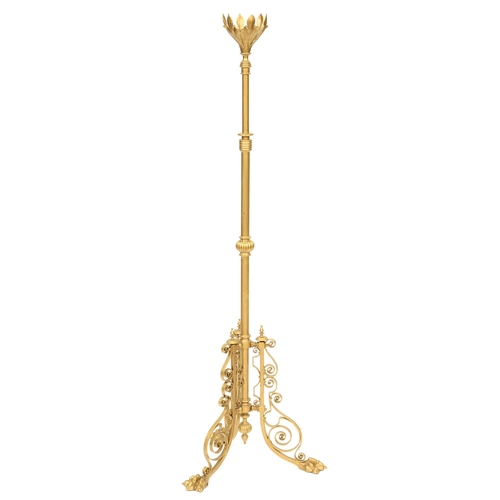 1253 - An Edwardian telescopic oil lamp stand on tripod, altered and gold painted at later date, 157cm h... 