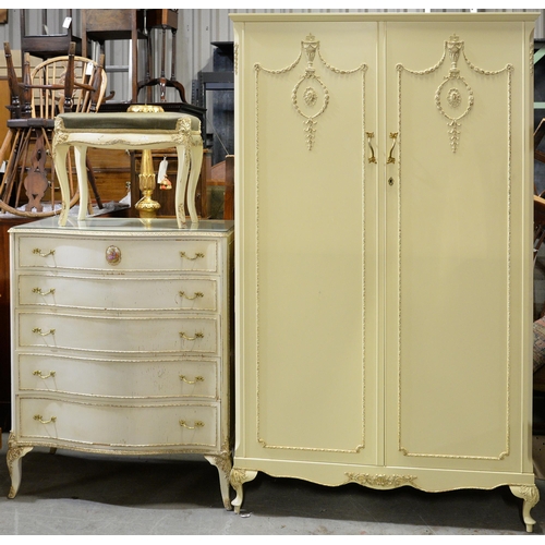 1337 - An antique style cream painted metal mounted bedroom suite, comprising wardrobe, bedside cabinet, mi... 