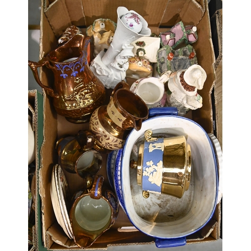 1377 - Miscellaneous ceramics, 19th c and later, including copper lustre ware, Staffordshire cottages and f... 