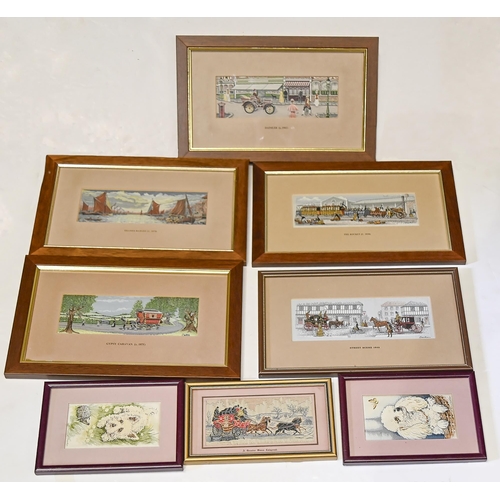 1399 - A set of four reproduction woven silk pictures, including Daimler, Stephenson's Rocket and gypsy car... 