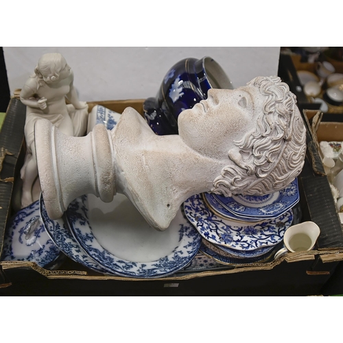 1416 - Miscellaneous ceramics, including a Parian ware figure of a seated lady, 19th c and later, blue and ... 