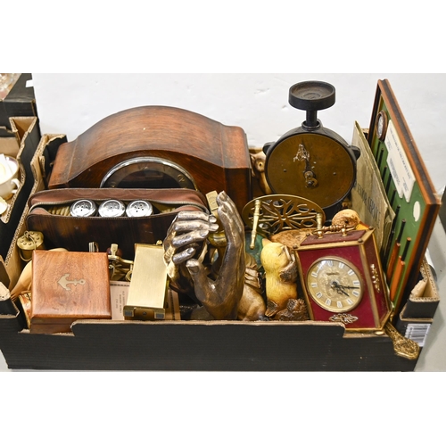 1433 - An oak mantle clock, 1930s, and miscellaneous other items including reproduction miniature brass sex... 