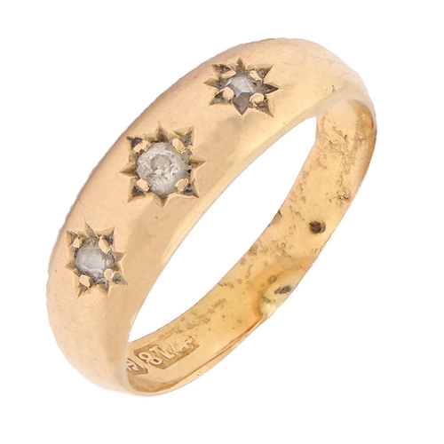 15 - A Victorian diamond ring, with three old cut diamonds, gypsy set in 18ct gold, Birmingham 1897, 2g, ... 