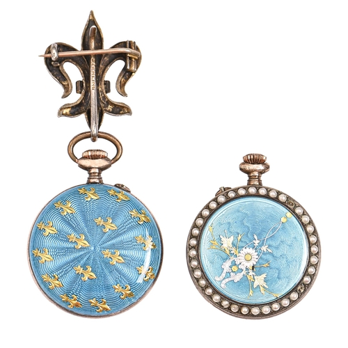 171 - Two Swiss silver gilt and translucent turquoise enamel keyless cylinder lady's watches, c1900, one w... 