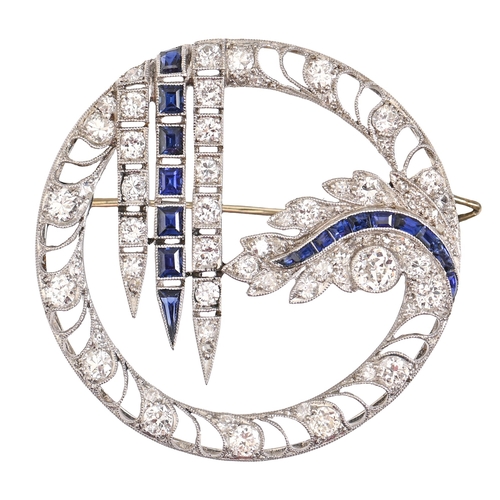 181 - An art deco diamond and sapphire brooch, c1930,  with calibre cut sapphires, millegrain set in plati... 