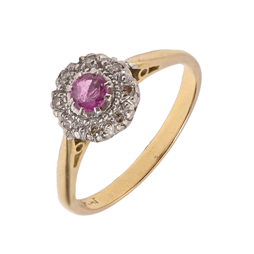 198 - A ruby and diamond cluster ring, the gold hoop marked 18ct PLAT, 3g, size M