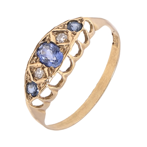 205 - A sapphire and diamond ring, early 20th c, in gold marked 15ct, 1.5g, size O