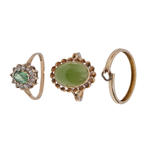 210 - A jade ring, in 9ct gold, another gem set ring and a gold coin mount, 6.8g, ring size M and N (3)... 