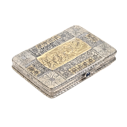 230 - A Russian silver and gold snuff box, the lid applied with central embossed gold relief of Apollo in ... 