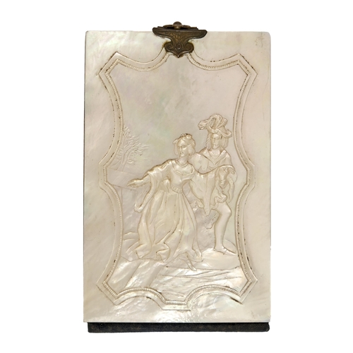 231 - A French aide memoire with mother of pearl boards, 19th c, that to the front carved with a couple, 9... 