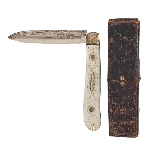 236 - A Victorian silver fruit knife, with engraved mother of pearl scales, 76cm l, by Henry Wilkinson &am... 