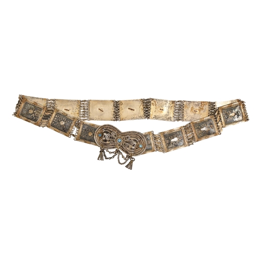 241 - An Ottoman silver gilt and niello waist belt, 19th / early 20th c, the filigree clasp set with three... 