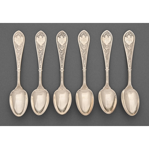 254 - A set of six North American silver teaspoons, early 20th c, doubly struck, marked PAT 74/STERLING, 5... 