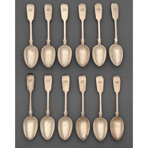 255 - A set of twelve Victorian silver teaspoons, Fiddle pattern, initialled W, by W R Sobey, Exeter 1850,... 