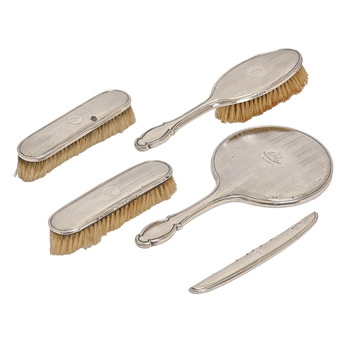 260 - A George V five-piece silver brush set, engine turned, by John Thompson & Sons, Birmingham, 1921... 