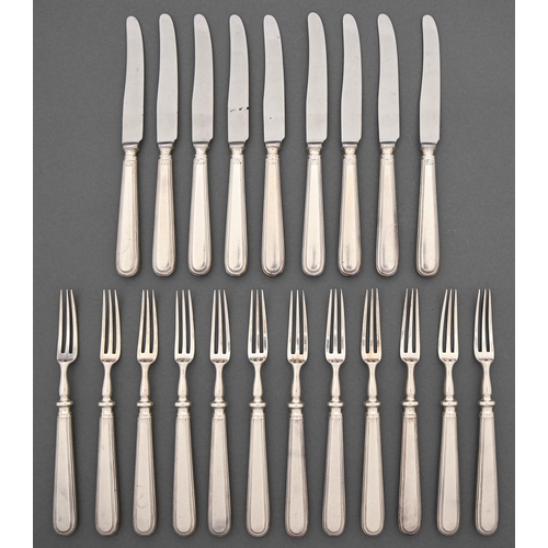 273 - A set of nine George V silver hafted knives, and twelve three-pronged silver forks, en suite, by Map... 