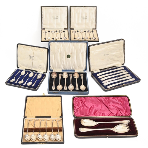 287 - Seven cased sets of George V and later silver flatware, comprising twelve bean terminal coffee spoon... 