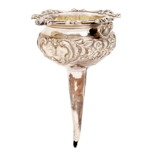 292 - A William IV silver wine funnel, the rim applied with roses and C-scrolls, the body chased with flow... 