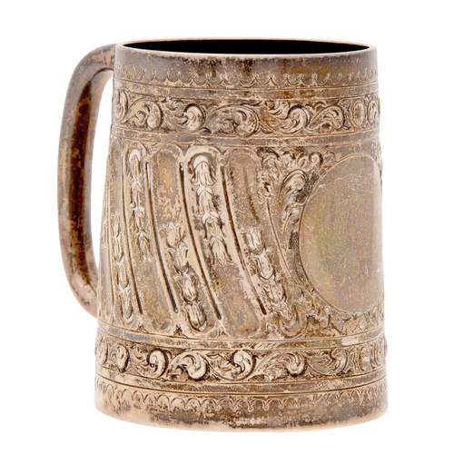 299 - A Victorian silver mug, wrythen fluted and stamped with bell flowers, 86mm h, by Elkington & Co,... 