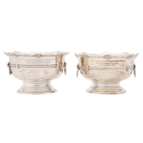 311 - Two matching George V silver rose bowls, engraved inscription dated 1935 or 1937, 11.5cm diam, by W ... 