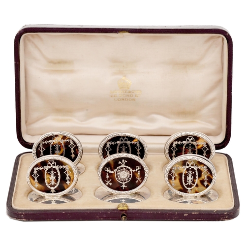 313 - One and a set of five George V tortoiseshell inset silver place stands, on oval base, 40mm l, by W C... 