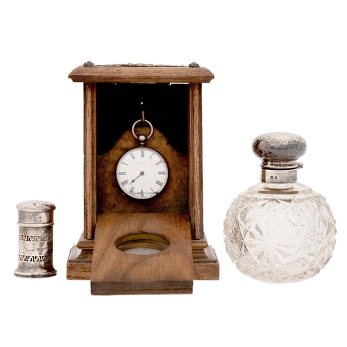 317 - A Swiss silver watch, 19th c, 42mm diam, in oak enclosed watch stand with applied brass rosettes, a ... 