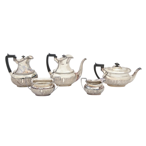 334 - A George V five-piece silver tea and coffee service, partly reeded with gadrooned rim and flush join... 