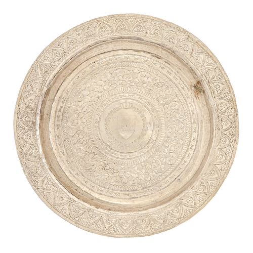 342 - A Middle Eastern silver dish, 20th c engraved with Armorials, motto and foliage, 22.5cm diam, 8oz 10... 