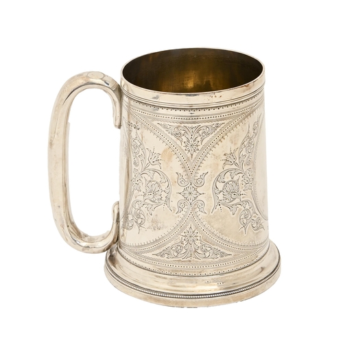 348 - A Victorian silver quart mug, engraved with foliage, on beaded foot, 15.5cm h, by Josiah Williams &a... 