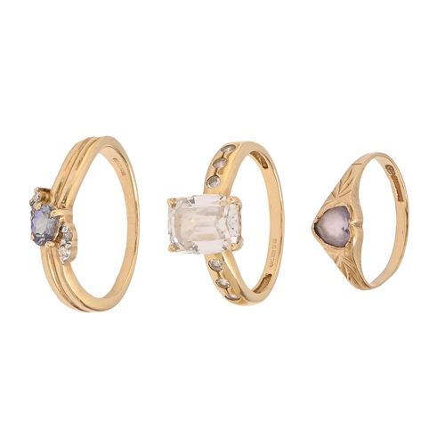 35 - A white stone ring, in 14ct gold, Birmingham 2008, 2.9g and two other gem set gold rings, 3.6g, the ... 