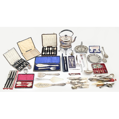 364 - Miscellaneous plated ware, to include an Edwardian EPNS tea kettle and lamp stand and flatware, Vict... 