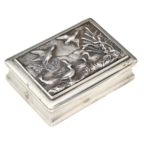 365 - A Victorian Epns table snuff box, mid 19th c, the lid inset with a cast panel of birds, the undersid... 