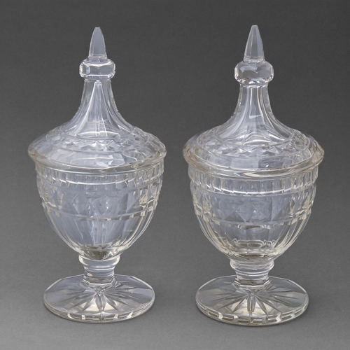 370 - A pair of cut glass vase shaped sweetmeat jars and covers, early 20th c, 26cm h