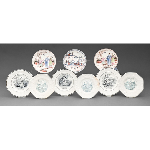 375 - Two sets of three moulded earthenware children's plates, possibly South Wales Pottery, Llanelly, c. ... 