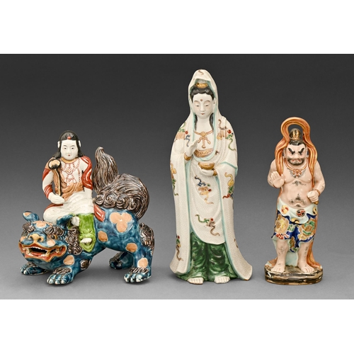 385 - A Japanese porcelain figure of Kannon, 20th c, 31cm h and two other contemporary Japanese figures (3... 