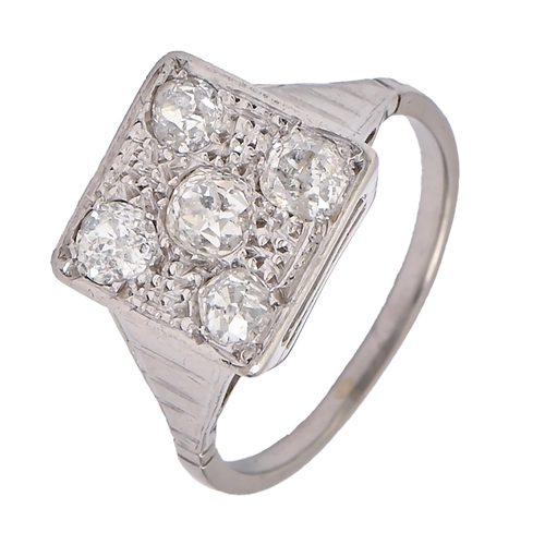 39 - A diamond ring, the five old cut diamonds in square setting, in white gold coloured metal, 5.7g, siz... 