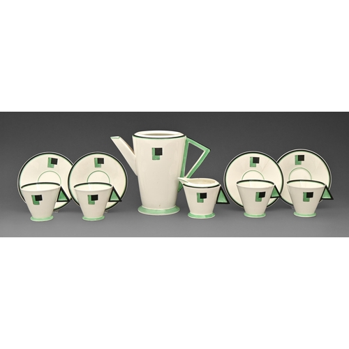 412 - A Shelley bone china Art Deco Blocks pattern coffee service, 1930, Mode shape, coffee pot 15cm h, pr... 