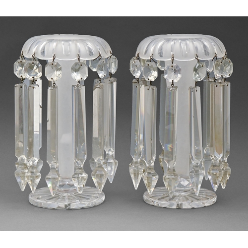 421 - A pair of Victorian cut and partly frosted glass lustres, hung with prismatic cut beads and pendants... 