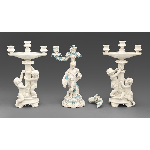 423 - A pair of Minton twin figural glazed porcelain candelabra, late 19th c, 36.5cm h impressed marks, an... 