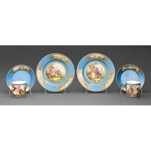 428 - Two Sevres coffee cans and saucers, the porcelain 1868 and circa, later decorated, painted with love... 