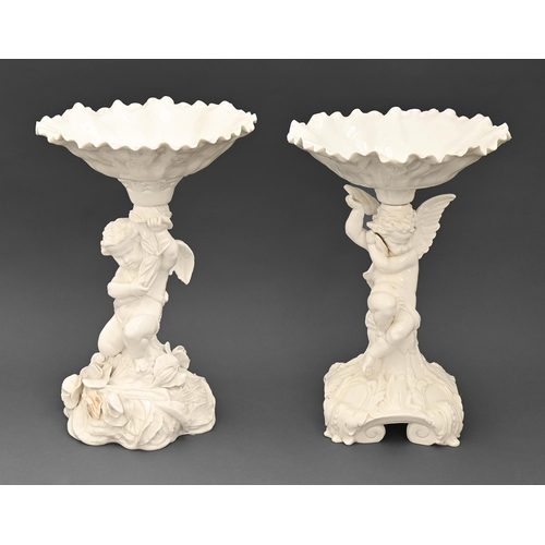 436 - Two Copeland glazed porcelain cherub figural fruit stands, c.1900 37cm and 38cm h, green printed mar... 