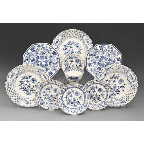 439 - Three Meissen blue and white onion pattern plates and a saucer,  plate 17cm diam, one and a pair of ... 