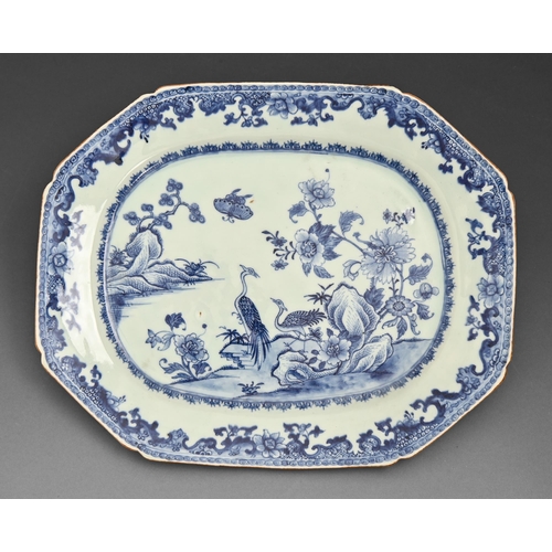 442 - A Chinese blue and white export porcelain dish, late 18th c, painted with storks and a butterfly, th... 