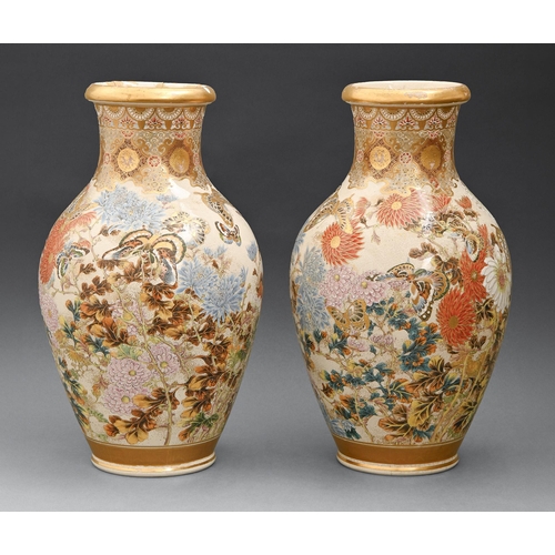 443 - A pair of Japanese Satsuma ware vases Meiji/Taishō period, signed Taizan, enamelled with butterflies... 