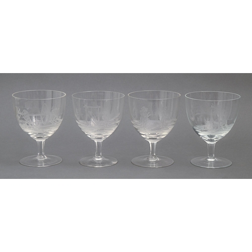 475 - A set of four engraved glass goblets, 19th / early 20th c, with 18th c scenes of dowsing or mining f... 