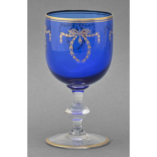 477 - A gilt blue glass goblet, early 20th c, on knopped stem, 16cm h