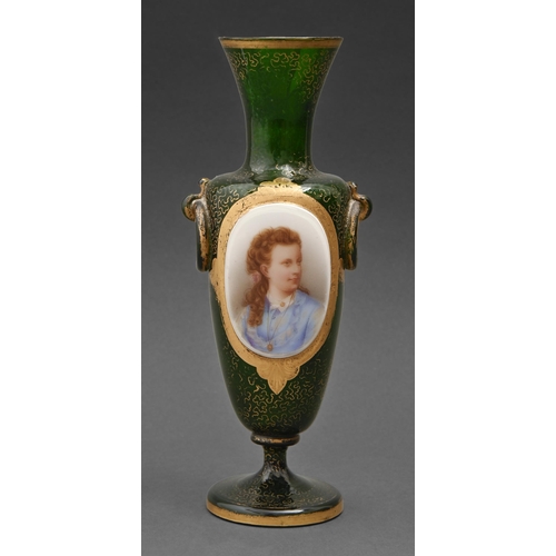 478 - A continental overlay glass vase, c.1860 in green glass overlaid in white and painted with a portrai... 